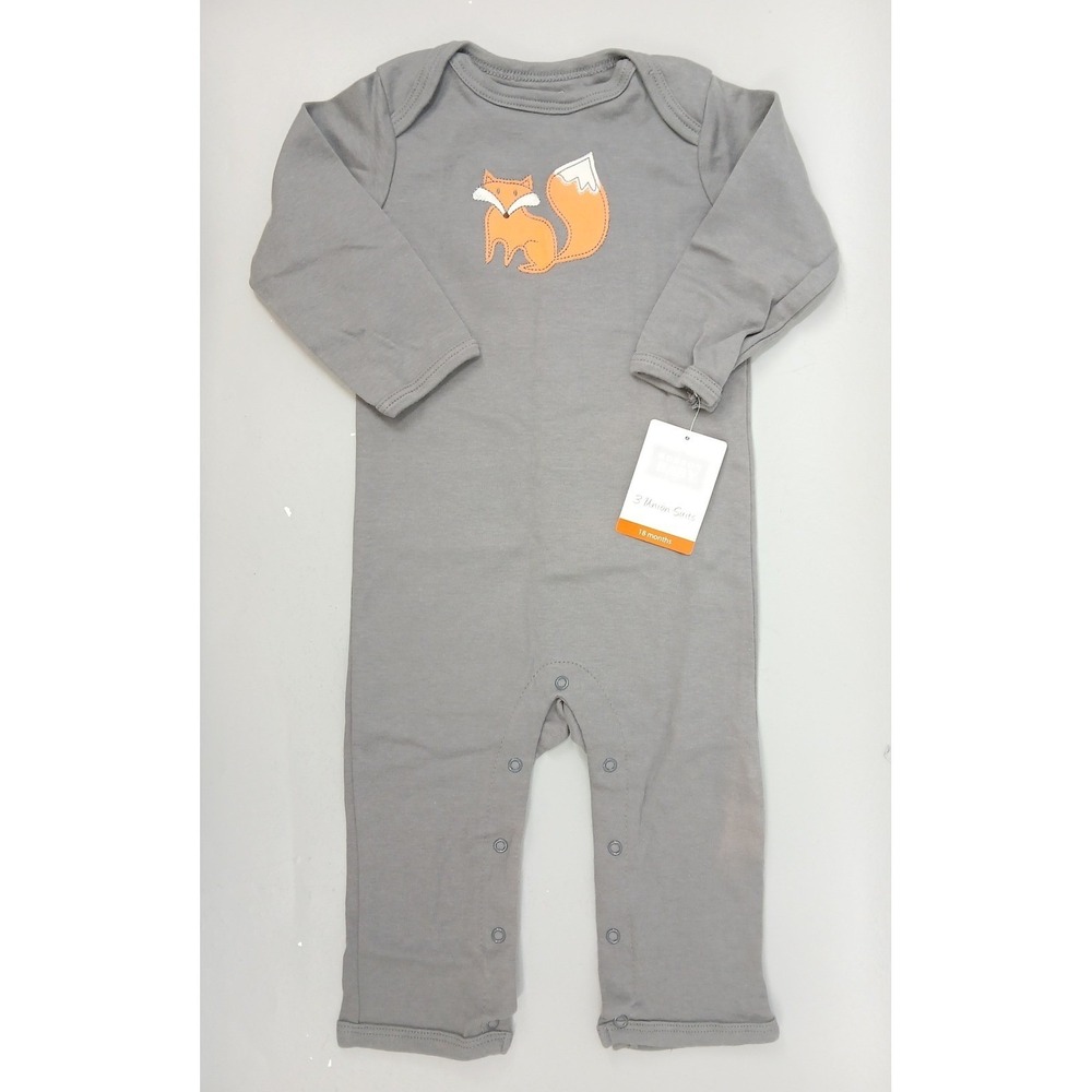 Hudson Baby Union One Piece Kids 18M Gray Fox Embroidered Long Sleeve Cotton